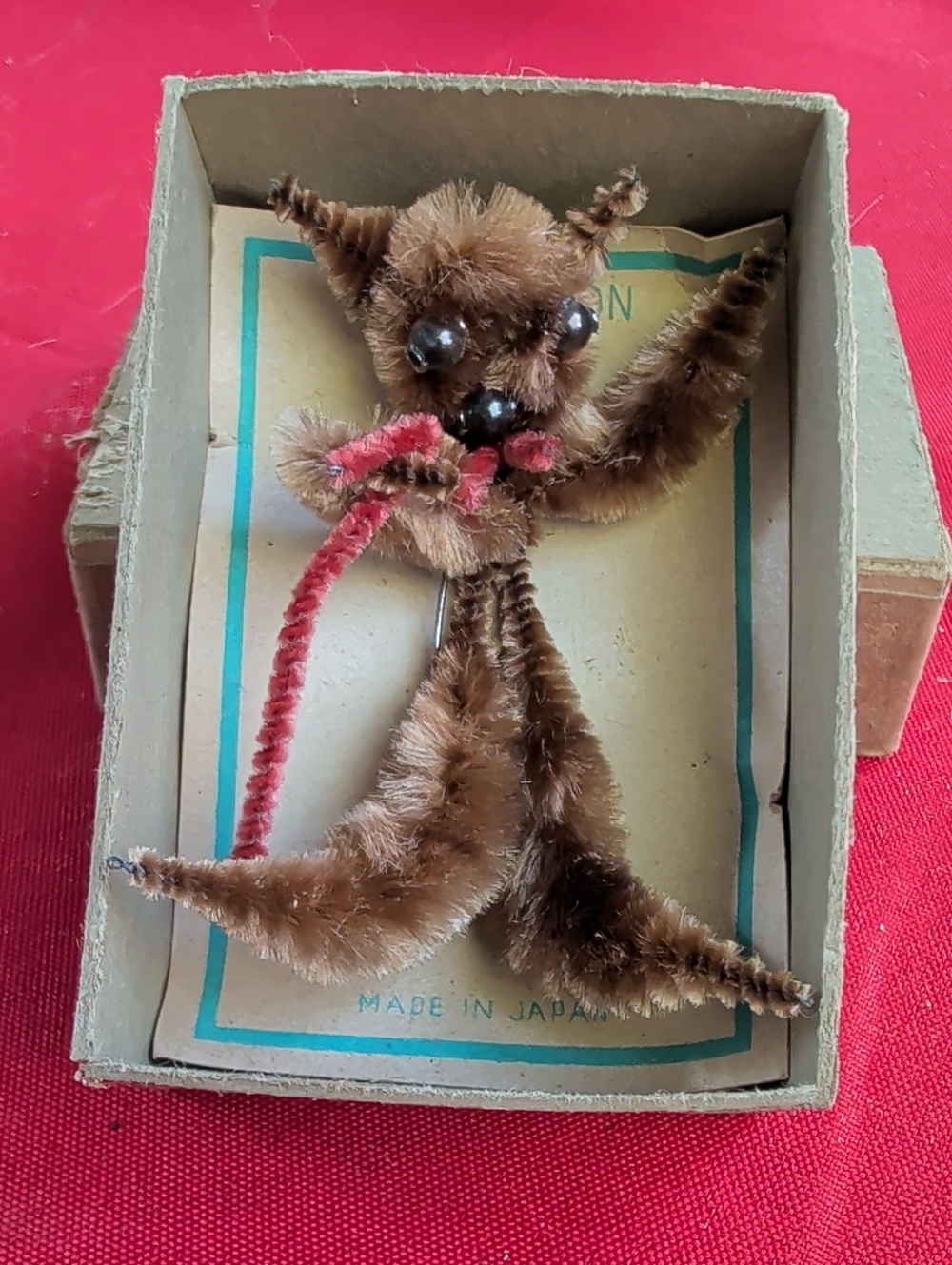 Vintage Brown Plush Dog Pipe-Cleaner Brooch with Red Accent